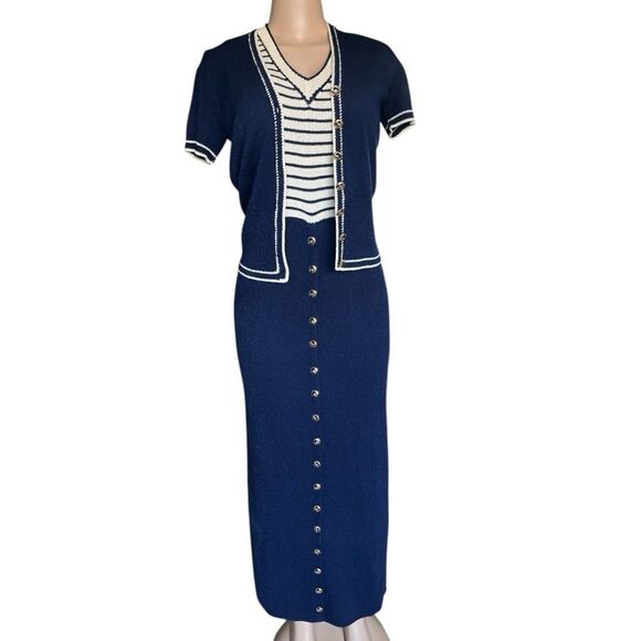 St.John knits Navy Blue and cream Button-Down Maxi dress with cardigan - Picture 1 of 7